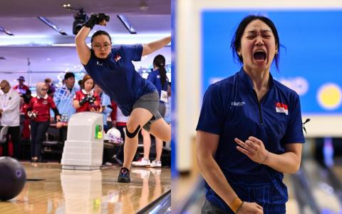 我国保龄球女将张瑜倩（左）和郑凯璘获得东运会女子双人赛金牌。（每日新闻）