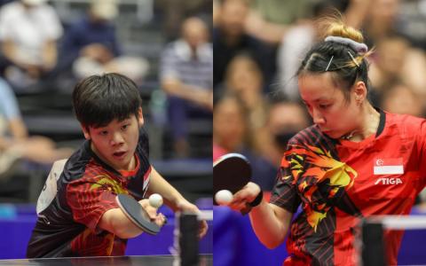 郭勇（左）和舒麟茜勇闯泰国东运会乒乓球单打半决赛，为我国锁定奖牌。（白艳琳摄）