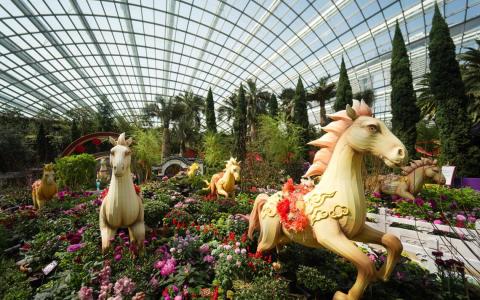 花展一大亮点是八匹接近真马大小的骏马花灯，灵感取自中国古画《八骏图》。马象征力量与奋发向上，寓意对新一年的美好祝愿。（滨海湾花园提供）