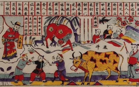 《春耕图》：画中农夫吃春饼、句芒神持鞭打春牛，有催耕之意。（作者提供）