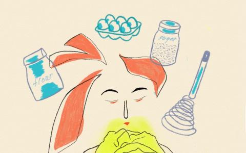 昔日福建人蒸蛋糕用的原料与工具。（林仁余绘）