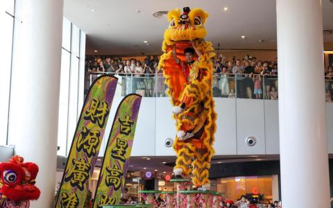 震耳欲聋的锣鼓喧嚣声再配上一头头醒狮精准的动作，为整个怡丰城增添了巨大的能量和欢腾的气氛。充满活力、色彩与节奏的表演，象征着团结、繁荣和吉祥的开年，让所有年龄段的观众感受到了浓厚的节日氛围。（张俊杰摄）