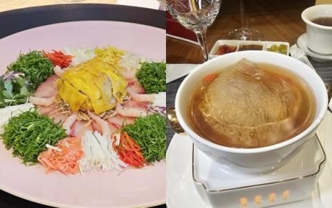 加入客家盐焗鸡的鱼生（左图），让燕窝不只是甜品的燕窝汤羹（右图），这些不一样的做法，让年菜更新颖。（黄亿敏摄）