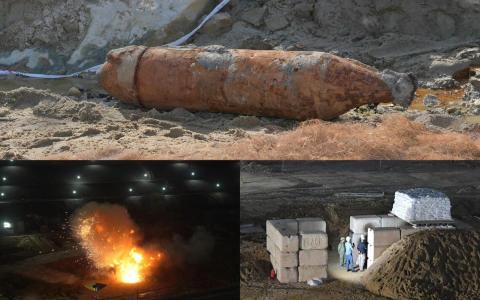 樟宜机场第五搭客大厦工地发现的二战遗留未爆炸弹已成功引爆。（新加坡国防部提供）