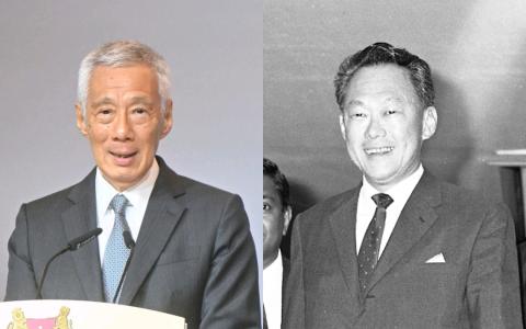 新加坡两任前总理李光耀（右）与李显龙（左）。（联合早报、海峡时报）