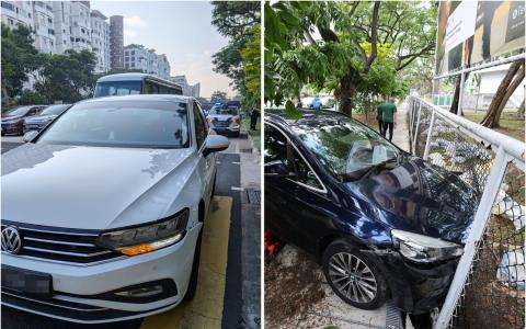 宝马车冲上人行道 撞坏淡马锡理工学院围栏  