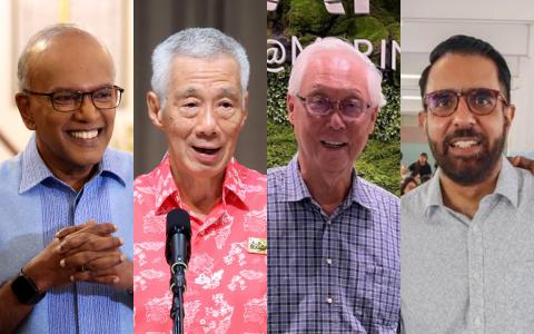 几位在指导后进中扮演重要角色的“政坛导师”。左起：尚穆根、李显龙、吴作栋和毕丹星。（李国豪制图）