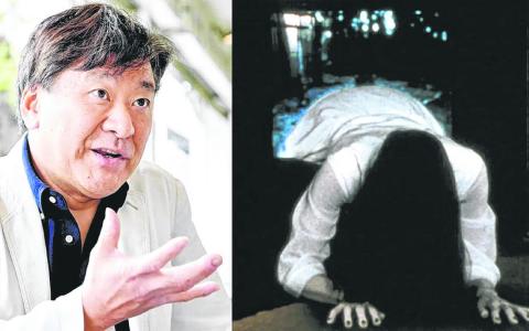 日本作家铃木光司（左）5月9日病逝，其代表作是后来拍摄成同名电影的《午夜凶铃》，电影中“贞子爬出电视机”（右图）吓坏不少观众。（互联网）