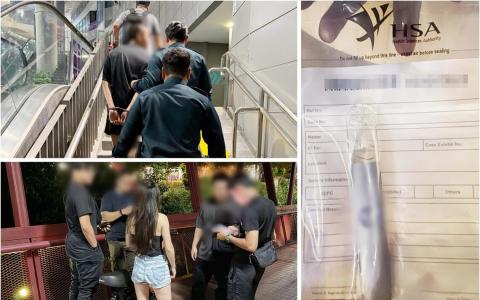 当局在榜鹅一带展开执法行动，当场查获并罚款三名年龄介于11岁至29岁（两男一女）的违例者。另有一名17岁男性因涉嫌再度吸食依托咪酯（etomidate）被捕，其尿液检测结果呈依托咪酯阳性。（卫生科学局提供）