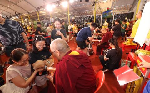 星期二（5月26日）实龙岗NEX商场旁的广场聚集大批宠物主人，参与新加坡大乘禅寺连续第五年举办的动物祈福仪式。（邝启聪摄）
