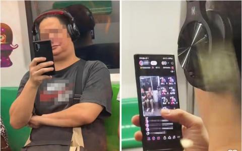 （左图）根据女子发布的视频，一名戴着头戴式耳机的男子坐在地铁车厢座位上，右手举着手机，镜头朝对向座位区域。（右图）女子绕到男子身后查看时，手机屏幕显示直播功能已开启，画面可见车厢内多名乘客入镜。（取自IG视频截图）