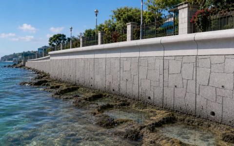 这个可调整高度的海堤由掺入再循环材料的混凝土块建成。混凝土块设有孔洞，可为海洋生物提供栖息和躲避捕食者的空间，有助提升海洋生物多样性。（鹿岛建设提供）