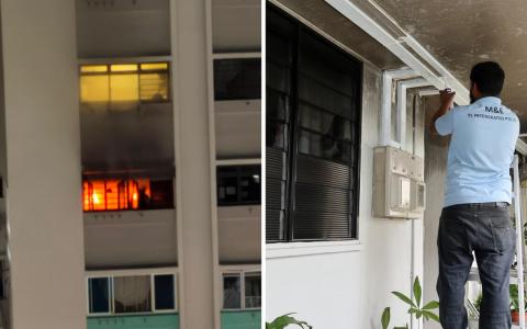 左图：金文泰一组屋单位深夜失火，一名独居的六旬男子受困，被救送院后不幸身亡。右图：工人星期六早上在失火单位外检查电线。（读者提供、邬福梁摄）