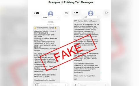 在最新骗局中，多数收件人是通过苹果iMessage，接到陌生手机号码或电邮发出的信息。骗子冒充警方、交通警察或“地方法院”的工作人员，声称受害者犯下交通相关罪行、未缴付停车费或未支付法庭传票罚款。（新加坡警察部队提供）