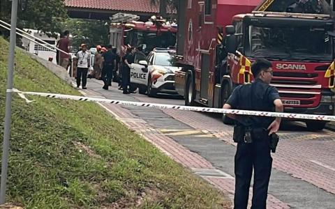 读者发来的照片显示，警方在周围拉起封锁线，大批警力聚集在组屋底层。新加坡民防部队也到场，并设置气垫。（读者提供）