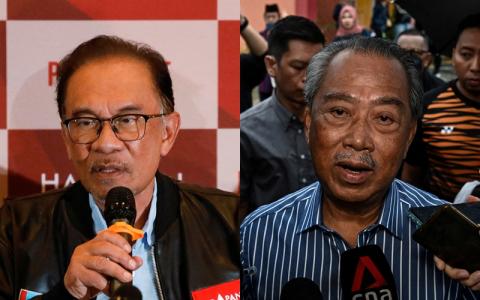 马来西亚希望联盟主席安华（左）23日上午11时50分抵达于灵市武吉加星的办公室。国民联盟主席慕尤丁（右）23日上午10时零2分出门。（路透社）