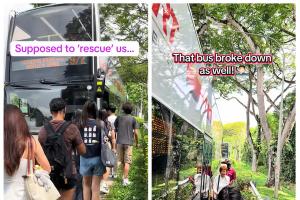 一辆巴士日前在泛岛快速公路抛锚，岂料第二辆前来接应乘客的巴士也因爆胎而无法行驶，最终等到第三辆巴士抵达，乘客才得以脱困。（取自TikTok）