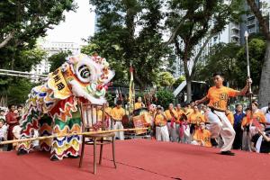 各参与舞狮武馆有15分钟的擂台表演时间，图为冈州会馆的舞狮武术演出。（周国威摄）