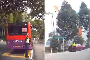 涉事车辆是一辆新捷运巴士和一辆红色汽车。（读者提供）