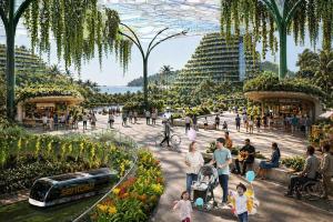 根据圣淘沙发展局提供的构想图，坐落在圣淘沙岛和布拉尼岛之间的交通枢纽“岛屿之心”，未来将是访客登岛后的第一站，也是通往两座岛上各景点的中转站。（圣淘沙发展局构想图）