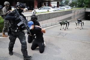 韩国士兵星期三（8月19日）出动四足机器人，参加在首尔举行的“乙支自由之盾”反恐演习。（路透社）