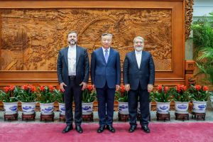 中国副外长苗得雨（中）8月17日在北京与访华的伊朗副外长加里布阿巴迪（左）会面。（中国外交部官网）